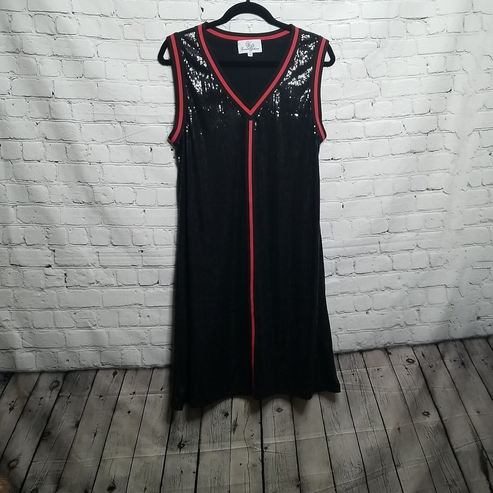 Viviana Gabeiras Women's Black And Red Trim Sequin Vneck Dress Size Large NWOT